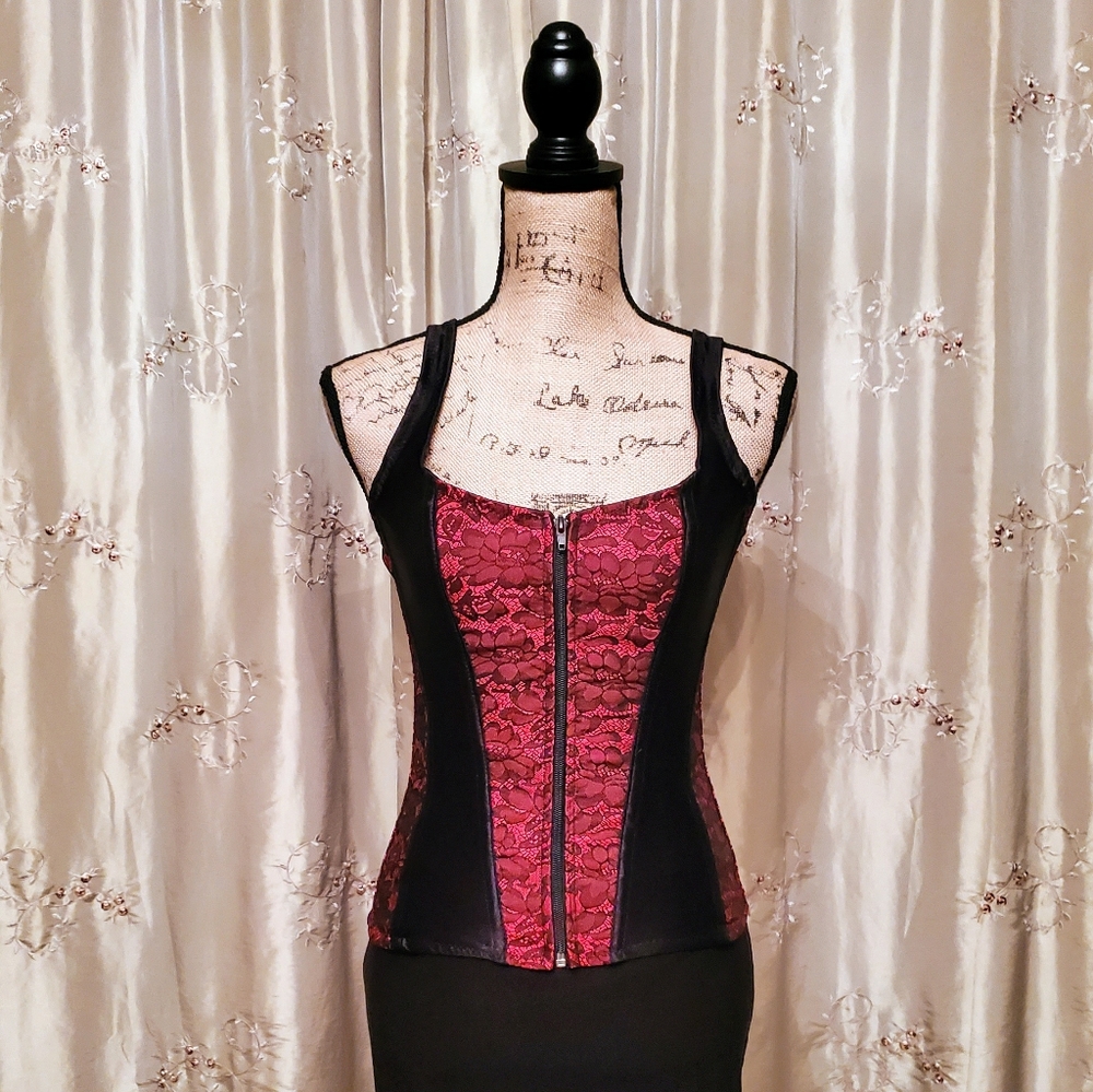 Burgundy steampunk front zip corset